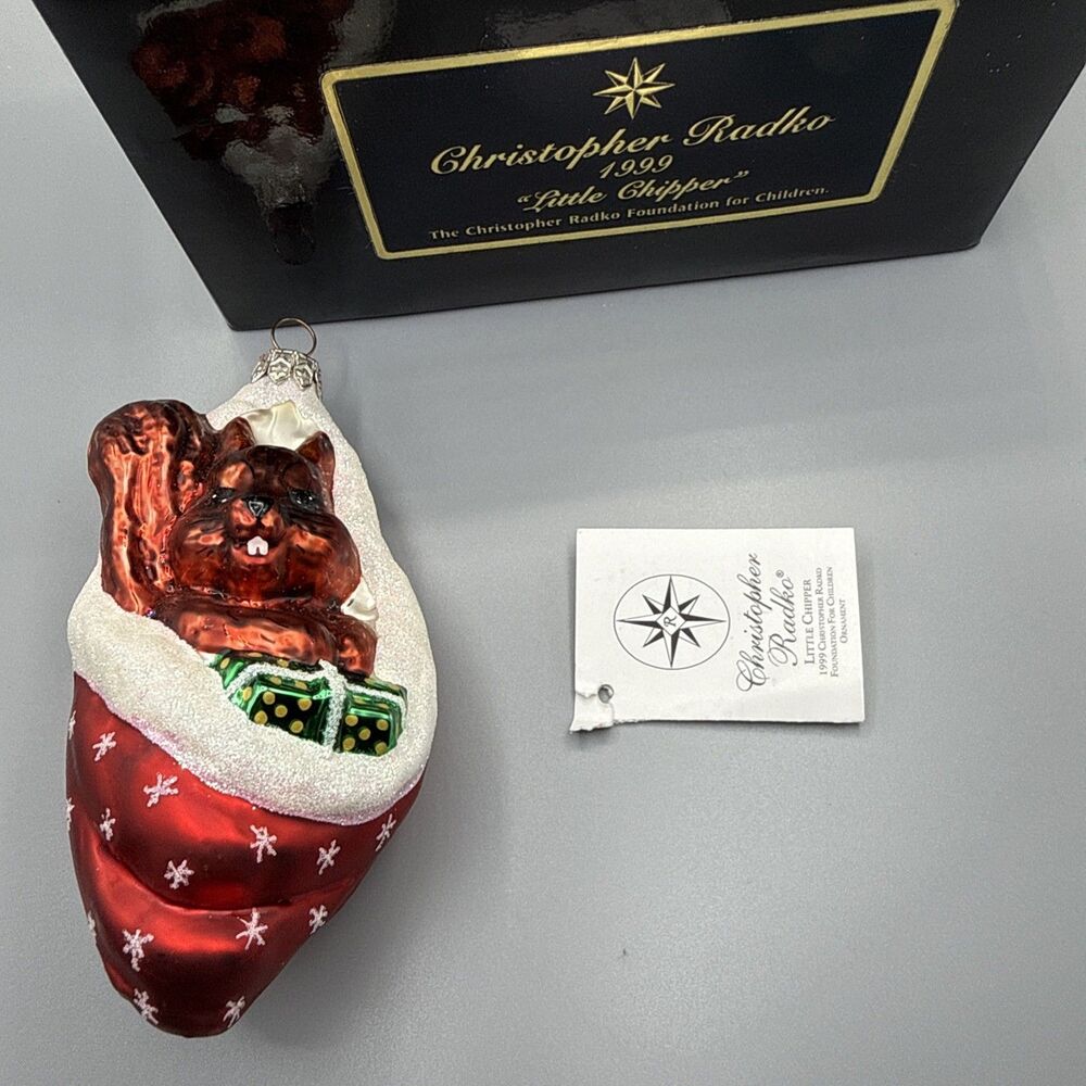 CHRISTOPHER RADKO CHRISTMAS GLASS ORNAMENT LITTLE CHIPPER SQUIRREL IN STOCKING